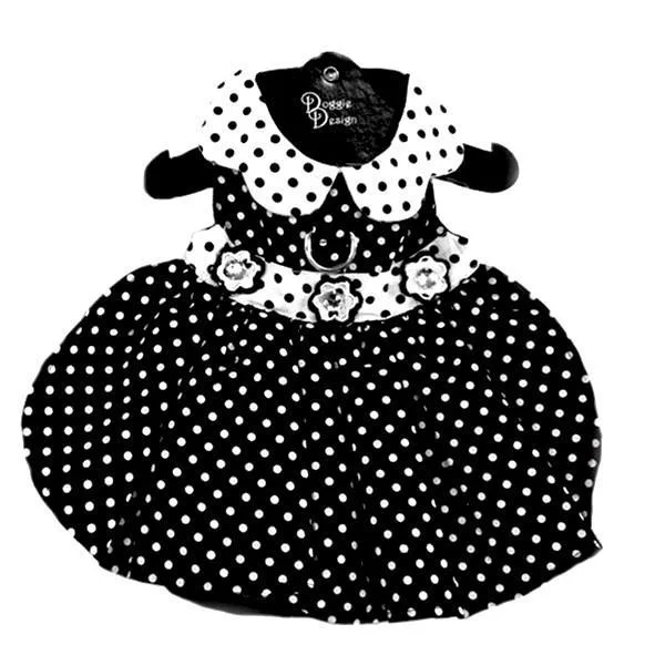 Black and White Polka Dot Dog Dress With Matching Leash