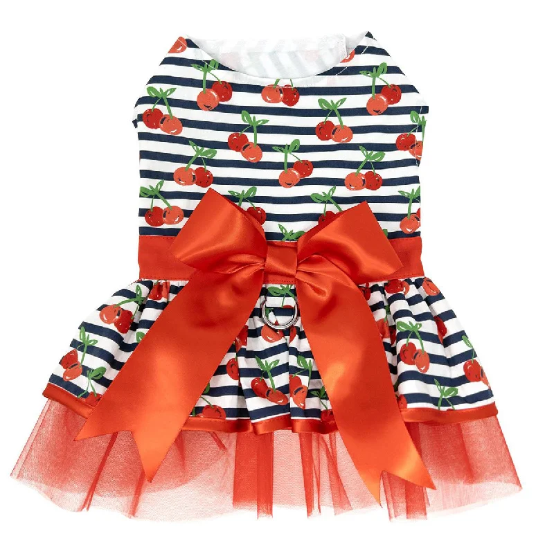 Cherry Stripe Harness Dog Dress With Matching Leash