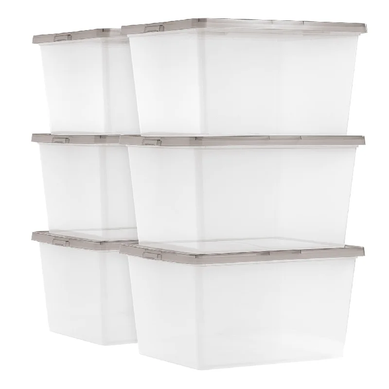 24.5 Qt. Stackable Box, Plastic Storage Bins with Lids, Clear, Gray Lid, Set of 6