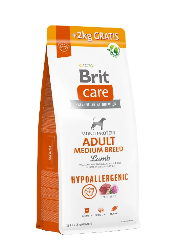 BRIT CARE Hypoallergenic Monoprotein Medium Breed, janjetina/riža, 12+2kg NA DAR