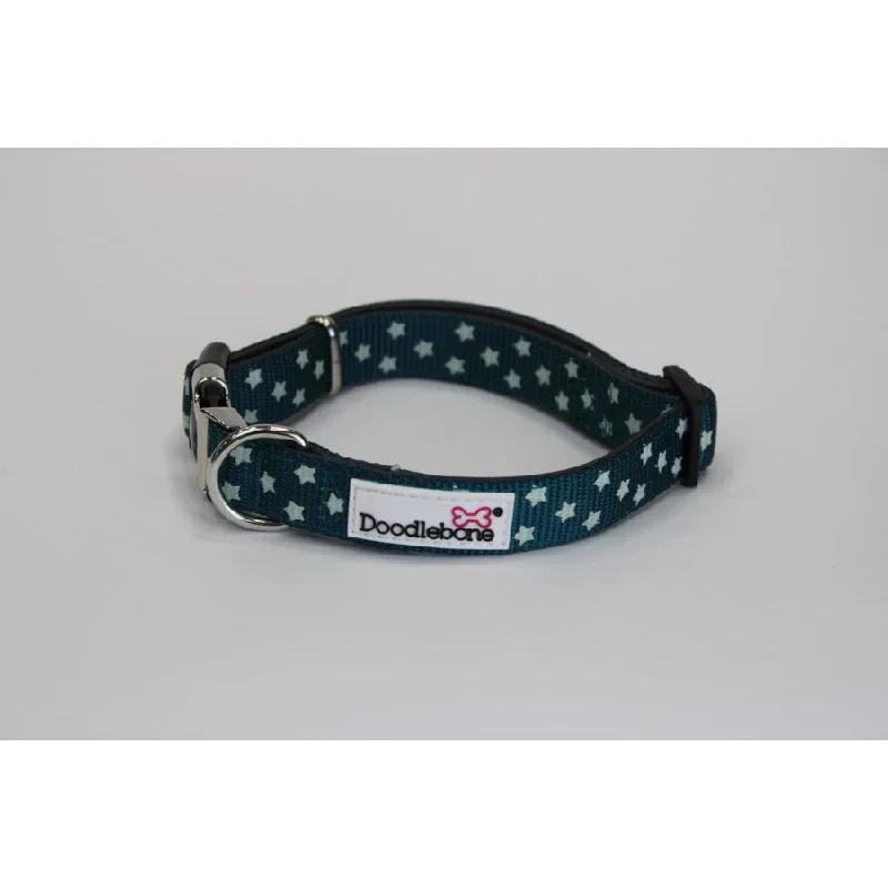 Doodlebone - Originals Padded Dog Collar - Teal Stars - Size 1/2