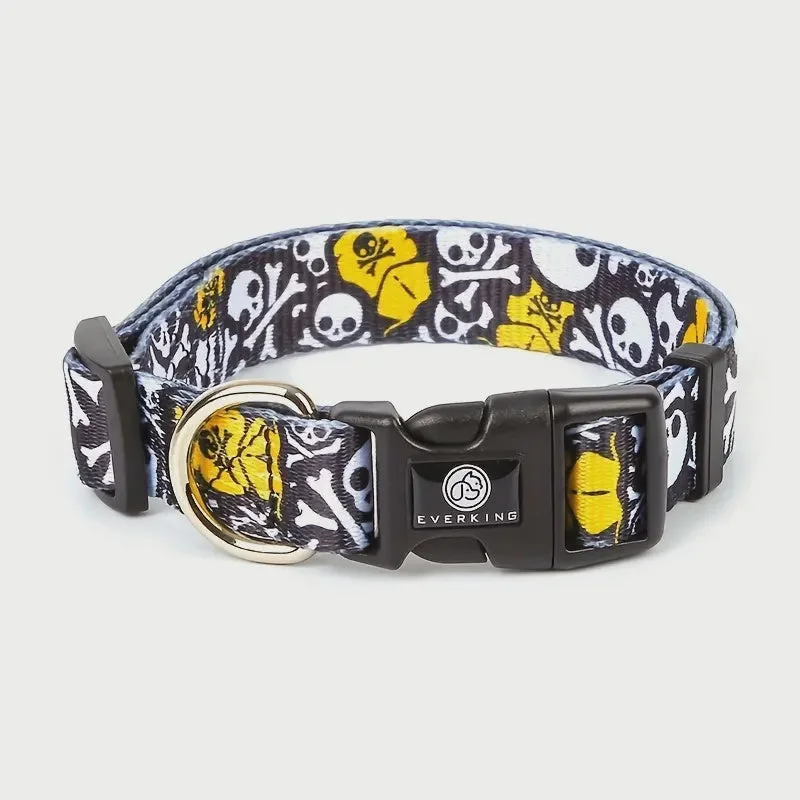 Everking Adjustable Dog Collars with Skull & Crossbones - Black - Large