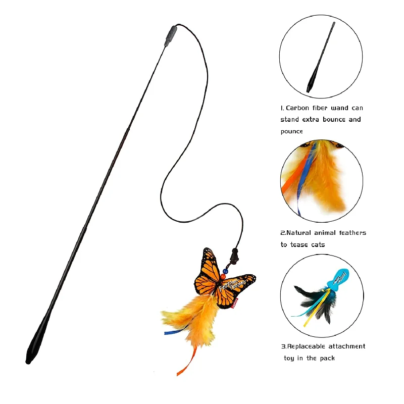 GiGwi Fish and Butterfly with Flexible Rod, Crinkle Paper, Catnip and Bell Feather Teaser, Blue and Yellow