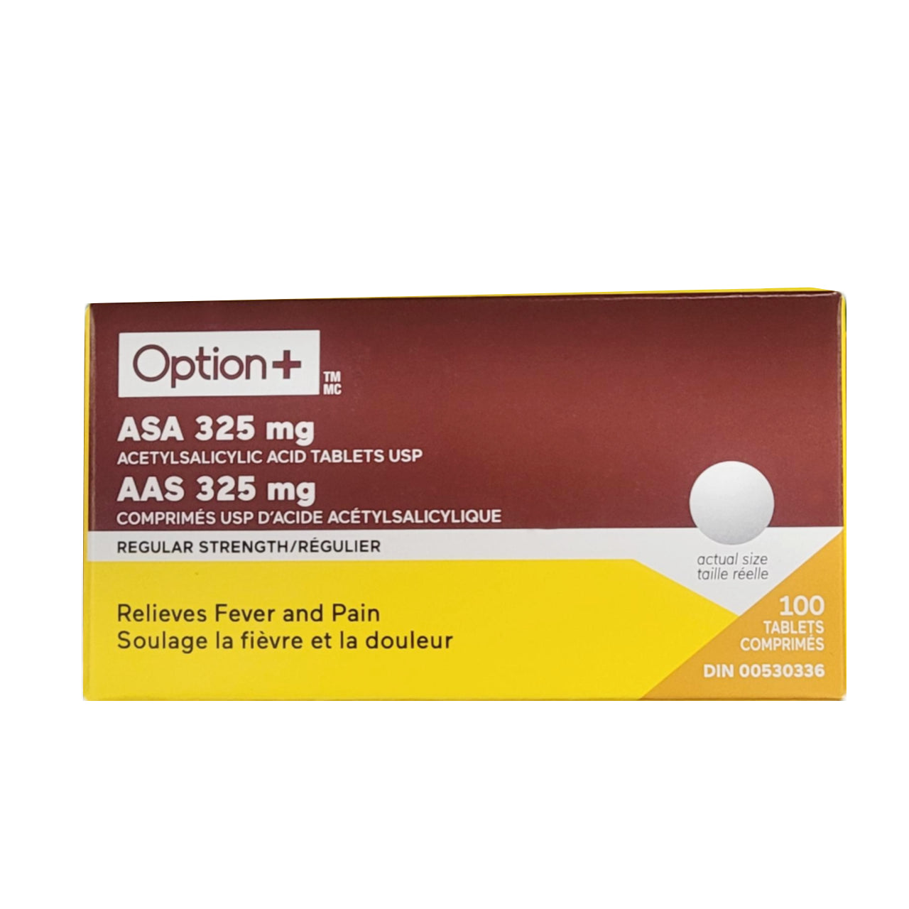 Option+ ASA 325mg Acetylsalicylic Acid Regular Strength  100 tablets