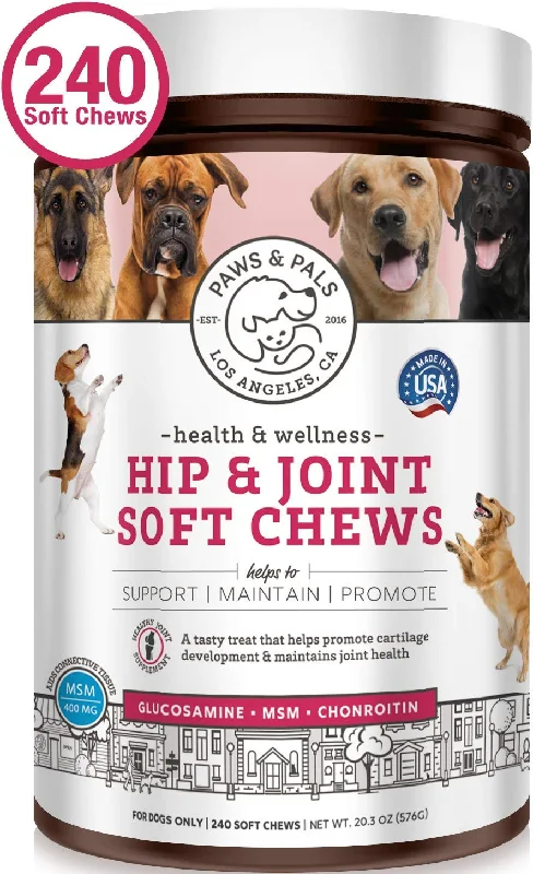 Paws & Pals Glucosamine Supplement for Dogs: Hip & Joint Health Supplements with Chondroitin & MSM for Pain Relief & Senior Dog\/Cat Arthritis Support - Chewable Pet Multi Vitamin